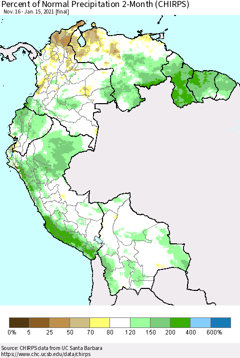 Northern South America Percent of Normal Precipitation 2-Month (CHIRPS) Thematic Map For 11/16/2020 - 1/15/2021