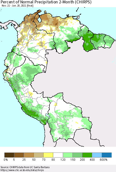 Northern South America Percent of Normal Precipitation 2-Month (CHIRPS) Thematic Map For 11/21/2020 - 1/20/2021