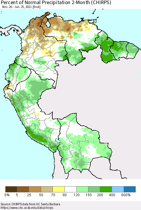 Northern South America Percent of Normal Precipitation 2-Month (CHIRPS) Thematic Map For 11/26/2020 - 1/25/2021
