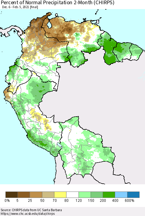 Northern South America Percent of Normal Precipitation 2-Month (CHIRPS) Thematic Map For 12/6/2020 - 2/5/2021