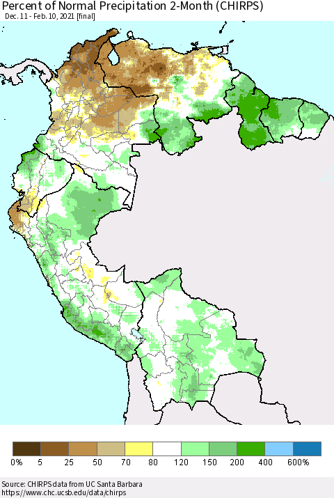 Northern South America Percent of Normal Precipitation 2-Month (CHIRPS) Thematic Map For 12/11/2020 - 2/10/2021