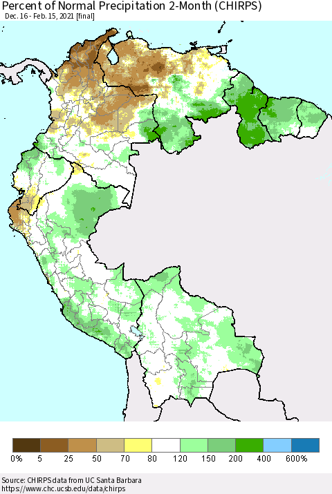 Northern South America Percent of Normal Precipitation 2-Month (CHIRPS) Thematic Map For 12/16/2020 - 2/15/2021