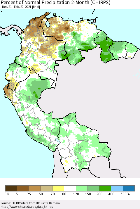 Northern South America Percent of Normal Precipitation 2-Month (CHIRPS) Thematic Map For 12/21/2020 - 2/20/2021