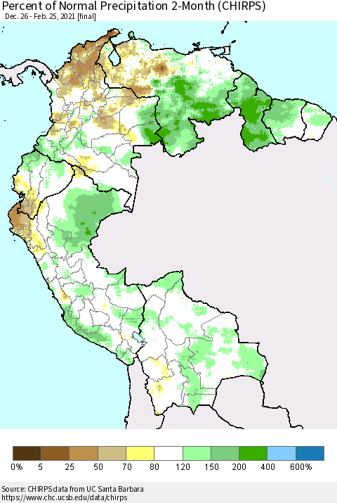 Northern South America Percent of Normal Precipitation 2-Month (CHIRPS) Thematic Map For 12/26/2020 - 2/25/2021