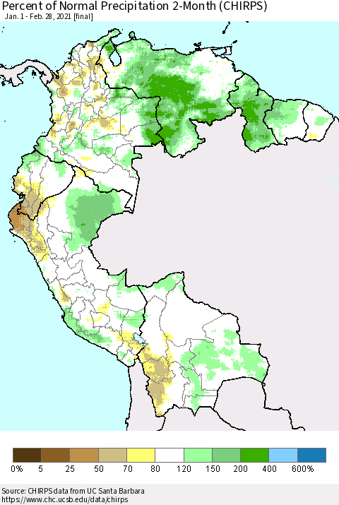 Northern South America Percent of Normal Precipitation 2-Month (CHIRPS) Thematic Map For 1/1/2021 - 2/28/2021