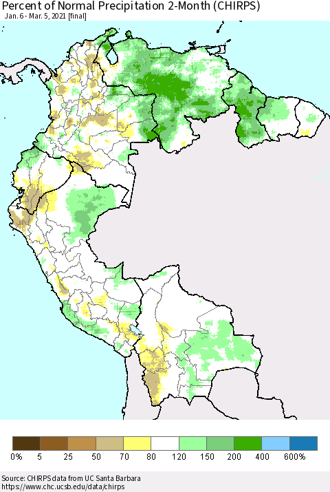 Northern South America Percent of Normal Precipitation 2-Month (CHIRPS) Thematic Map For 1/6/2021 - 3/5/2021