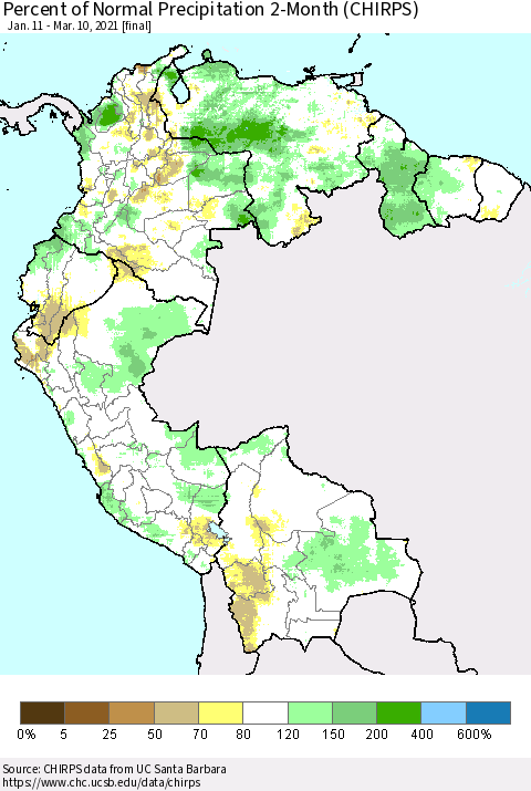 Northern South America Percent of Normal Precipitation 2-Month (CHIRPS) Thematic Map For 1/11/2021 - 3/10/2021