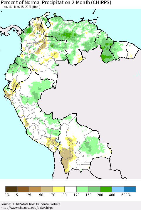 Northern South America Percent of Normal Precipitation 2-Month (CHIRPS) Thematic Map For 1/16/2021 - 3/15/2021
