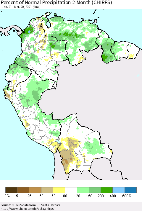 Northern South America Percent of Normal Precipitation 2-Month (CHIRPS) Thematic Map For 1/21/2021 - 3/20/2021