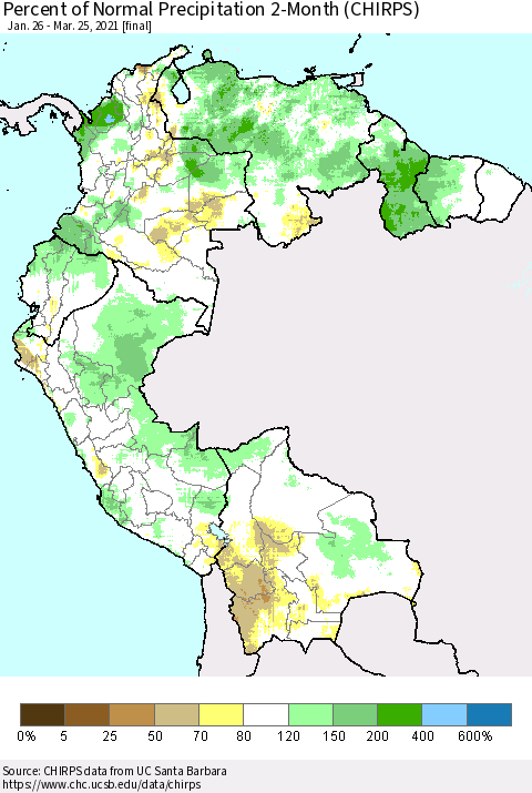 Northern South America Percent of Normal Precipitation 2-Month (CHIRPS) Thematic Map For 1/26/2021 - 3/25/2021