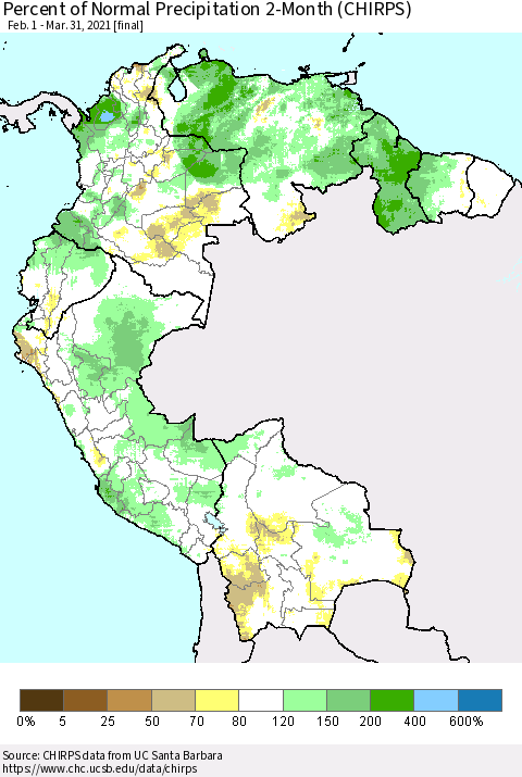 Northern South America Percent of Normal Precipitation 2-Month (CHIRPS) Thematic Map For 2/1/2021 - 3/31/2021