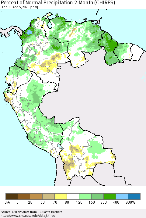 Northern South America Percent of Normal Precipitation 2-Month (CHIRPS) Thematic Map For 2/6/2021 - 4/5/2021