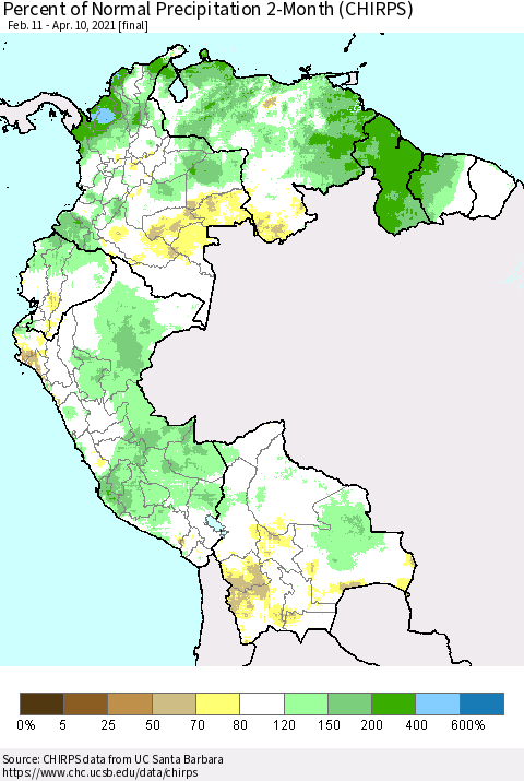 Northern South America Percent of Normal Precipitation 2-Month (CHIRPS) Thematic Map For 2/11/2021 - 4/10/2021