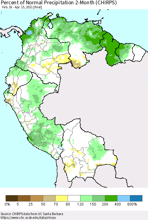 Northern South America Percent of Normal Precipitation 2-Month (CHIRPS) Thematic Map For 2/16/2021 - 4/15/2021