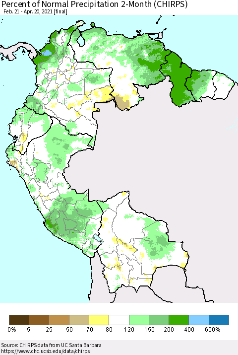 Northern South America Percent of Normal Precipitation 2-Month (CHIRPS) Thematic Map For 2/21/2021 - 4/20/2021