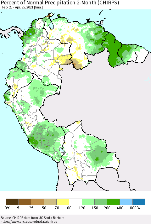 Northern South America Percent of Normal Precipitation 2-Month (CHIRPS) Thematic Map For 2/26/2021 - 4/25/2021