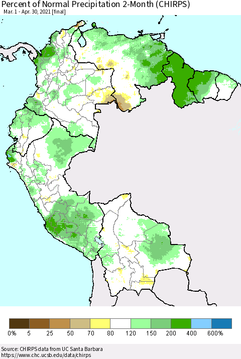 Northern South America Percent of Normal Precipitation 2-Month (CHIRPS) Thematic Map For 3/1/2021 - 4/30/2021