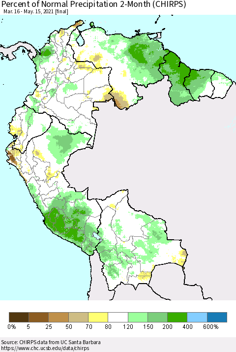 Northern South America Percent of Normal Precipitation 2-Month (CHIRPS) Thematic Map For 3/16/2021 - 5/15/2021