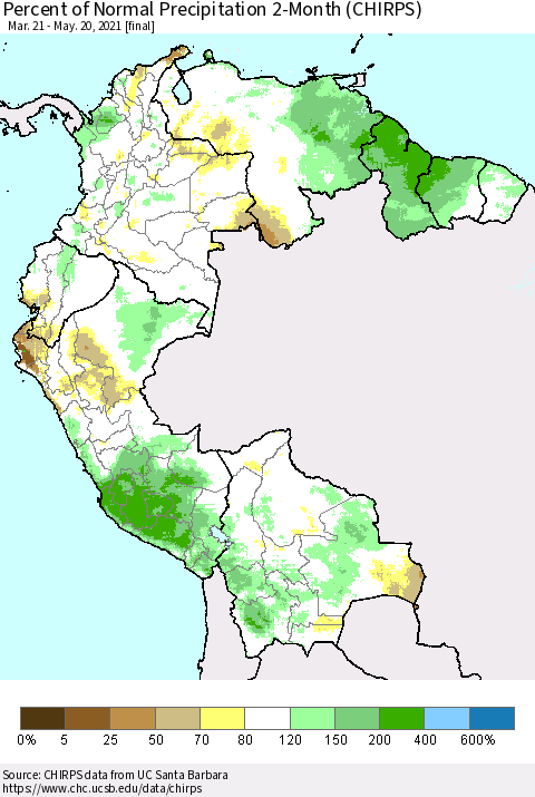 Northern South America Percent of Normal Precipitation 2-Month (CHIRPS) Thematic Map For 3/21/2021 - 5/20/2021