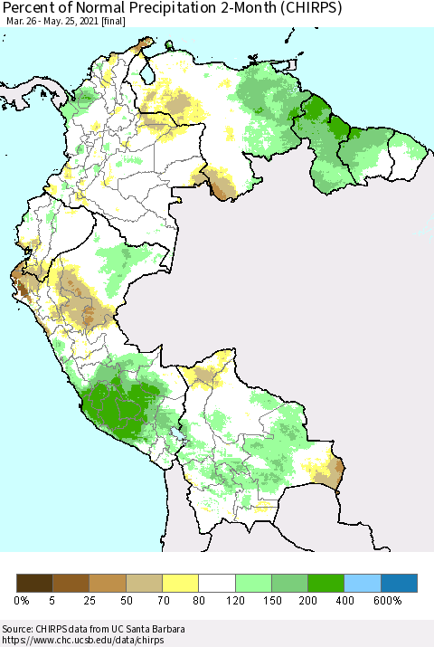 Northern South America Percent of Normal Precipitation 2-Month (CHIRPS) Thematic Map For 3/26/2021 - 5/25/2021