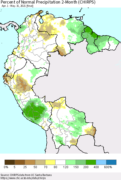 Northern South America Percent of Normal Precipitation 2-Month (CHIRPS) Thematic Map For 4/1/2021 - 5/31/2021