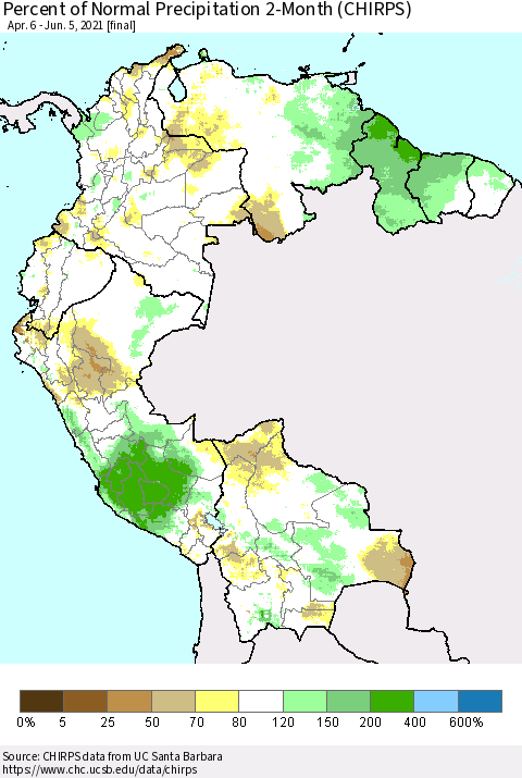 Northern South America Percent of Normal Precipitation 2-Month (CHIRPS) Thematic Map For 4/6/2021 - 6/5/2021