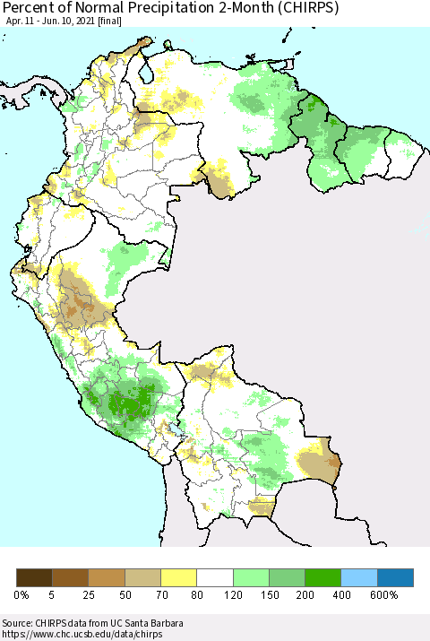 Northern South America Percent of Normal Precipitation 2-Month (CHIRPS) Thematic Map For 4/11/2021 - 6/10/2021