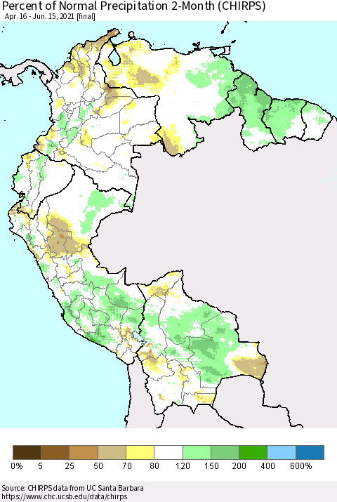 Northern South America Percent of Normal Precipitation 2-Month (CHIRPS) Thematic Map For 4/16/2021 - 6/15/2021