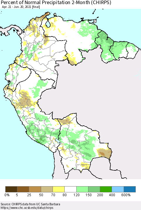 Northern South America Percent of Normal Precipitation 2-Month (CHIRPS) Thematic Map For 4/21/2021 - 6/20/2021