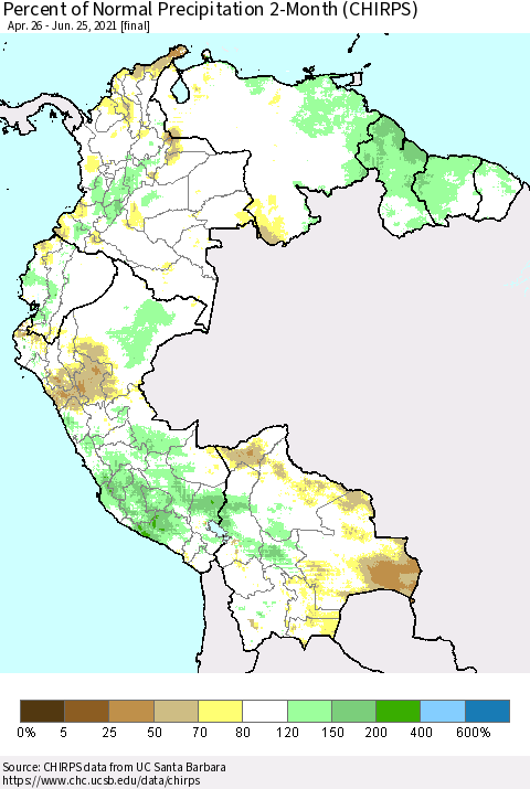 Northern South America Percent of Normal Precipitation 2-Month (CHIRPS) Thematic Map For 4/26/2021 - 6/25/2021