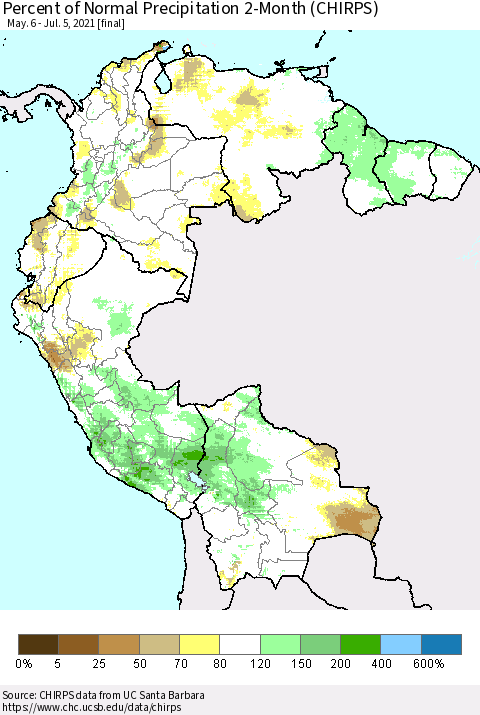 Northern South America Percent of Normal Precipitation 2-Month (CHIRPS) Thematic Map For 5/6/2021 - 7/5/2021
