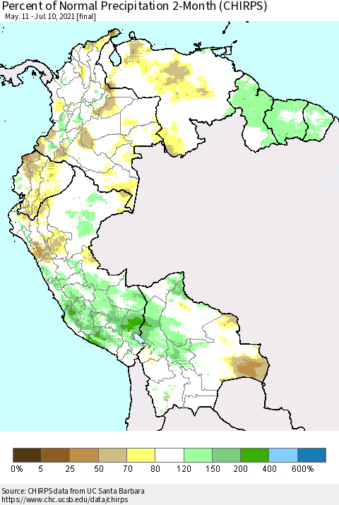 Northern South America Percent of Normal Precipitation 2-Month (CHIRPS) Thematic Map For 5/11/2021 - 7/10/2021