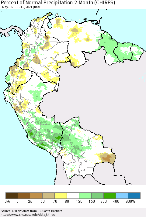Northern South America Percent of Normal Precipitation 2-Month (CHIRPS) Thematic Map For 5/16/2021 - 7/15/2021