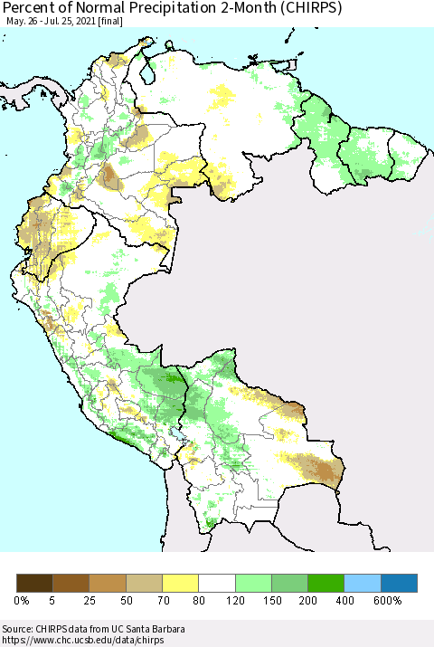Northern South America Percent of Normal Precipitation 2-Month (CHIRPS) Thematic Map For 5/26/2021 - 7/25/2021