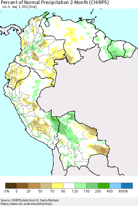 Northern South America Percent of Normal Precipitation 2-Month (CHIRPS) Thematic Map For 6/6/2021 - 8/5/2021