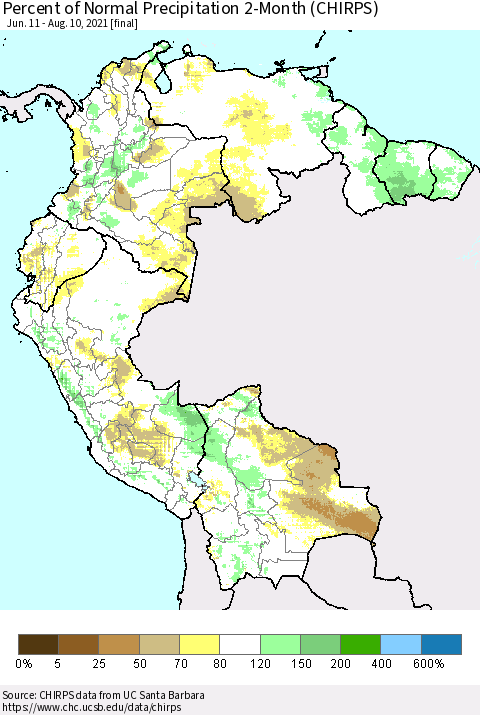 Northern South America Percent of Normal Precipitation 2-Month (CHIRPS) Thematic Map For 6/11/2021 - 8/10/2021