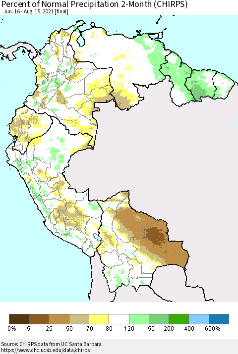 Northern South America Percent of Normal Precipitation 2-Month (CHIRPS) Thematic Map For 6/16/2021 - 8/15/2021
