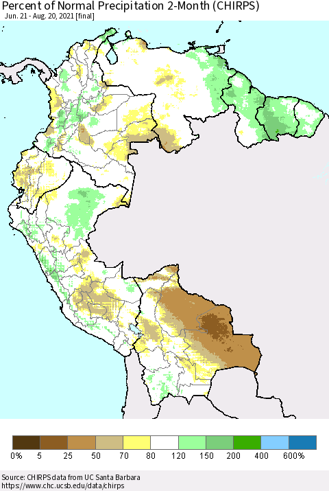 Northern South America Percent of Normal Precipitation 2-Month (CHIRPS) Thematic Map For 6/21/2021 - 8/20/2021