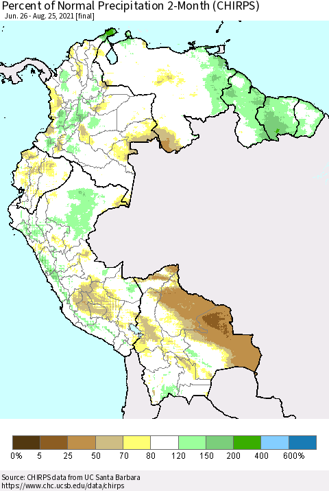 Northern South America Percent of Normal Precipitation 2-Month (CHIRPS) Thematic Map For 6/26/2021 - 8/25/2021