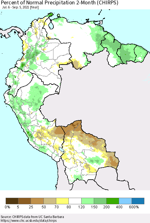Northern South America Percent of Normal Precipitation 2-Month (CHIRPS) Thematic Map For 7/6/2021 - 9/5/2021