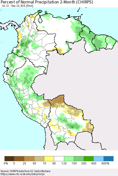 Northern South America Percent of Normal Precipitation 2-Month (CHIRPS) Thematic Map For 7/11/2021 - 9/10/2021