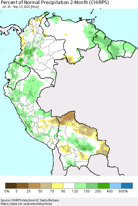 Northern South America Percent of Normal Precipitation 2-Month (CHIRPS) Thematic Map For 7/16/2021 - 9/15/2021
