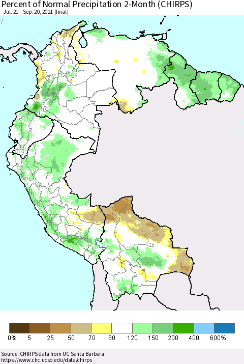Northern South America Percent of Normal Precipitation 2-Month (CHIRPS) Thematic Map For 7/21/2021 - 9/20/2021