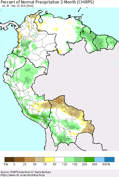 Northern South America Percent of Normal Precipitation 2-Month (CHIRPS) Thematic Map For 7/26/2021 - 9/25/2021