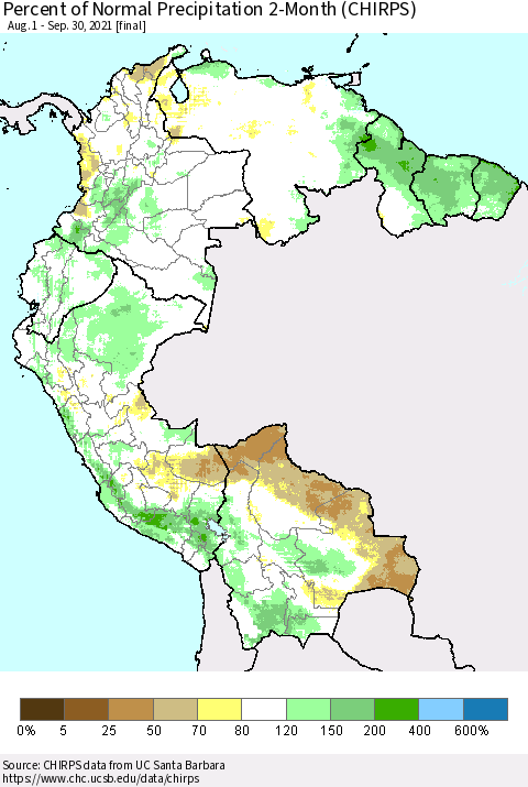 Northern South America Percent of Normal Precipitation 2-Month (CHIRPS) Thematic Map For 8/1/2021 - 9/30/2021