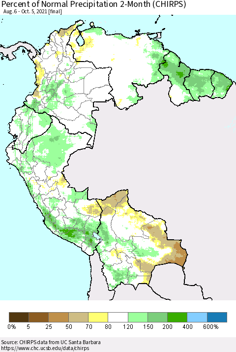 Northern South America Percent of Normal Precipitation 2-Month (CHIRPS) Thematic Map For 8/6/2021 - 10/5/2021