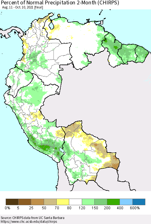 Northern South America Percent of Normal Precipitation 2-Month (CHIRPS) Thematic Map For 8/11/2021 - 10/10/2021