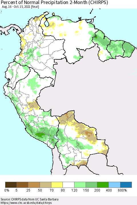 Northern South America Percent of Normal Precipitation 2-Month (CHIRPS) Thematic Map For 8/16/2021 - 10/15/2021