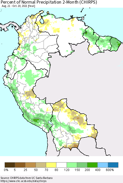 Northern South America Percent of Normal Precipitation 2-Month (CHIRPS) Thematic Map For 8/21/2021 - 10/20/2021