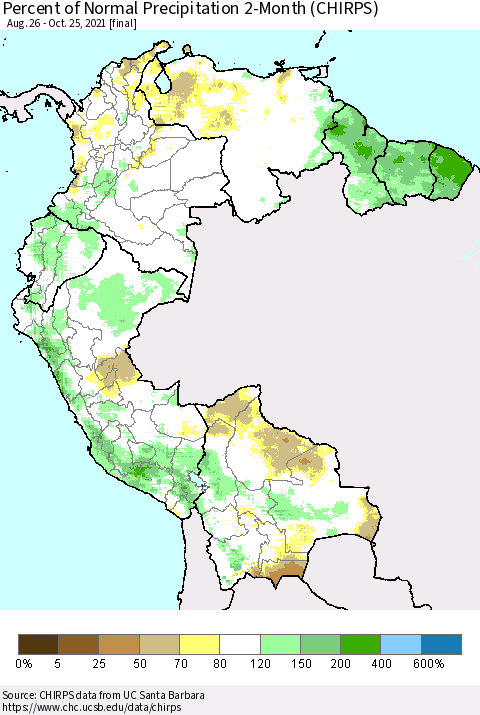 Northern South America Percent of Normal Precipitation 2-Month (CHIRPS) Thematic Map For 8/26/2021 - 10/25/2021